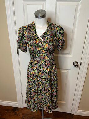 Polo Ralph Lauren Black Multicolor Floral, Grace Midi Dress Silk Blend, Size 0
